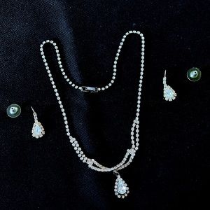 TOFA Rhinestones & Silver-Tone 18" Necklace Set & Pierced Rhinestone Earrings